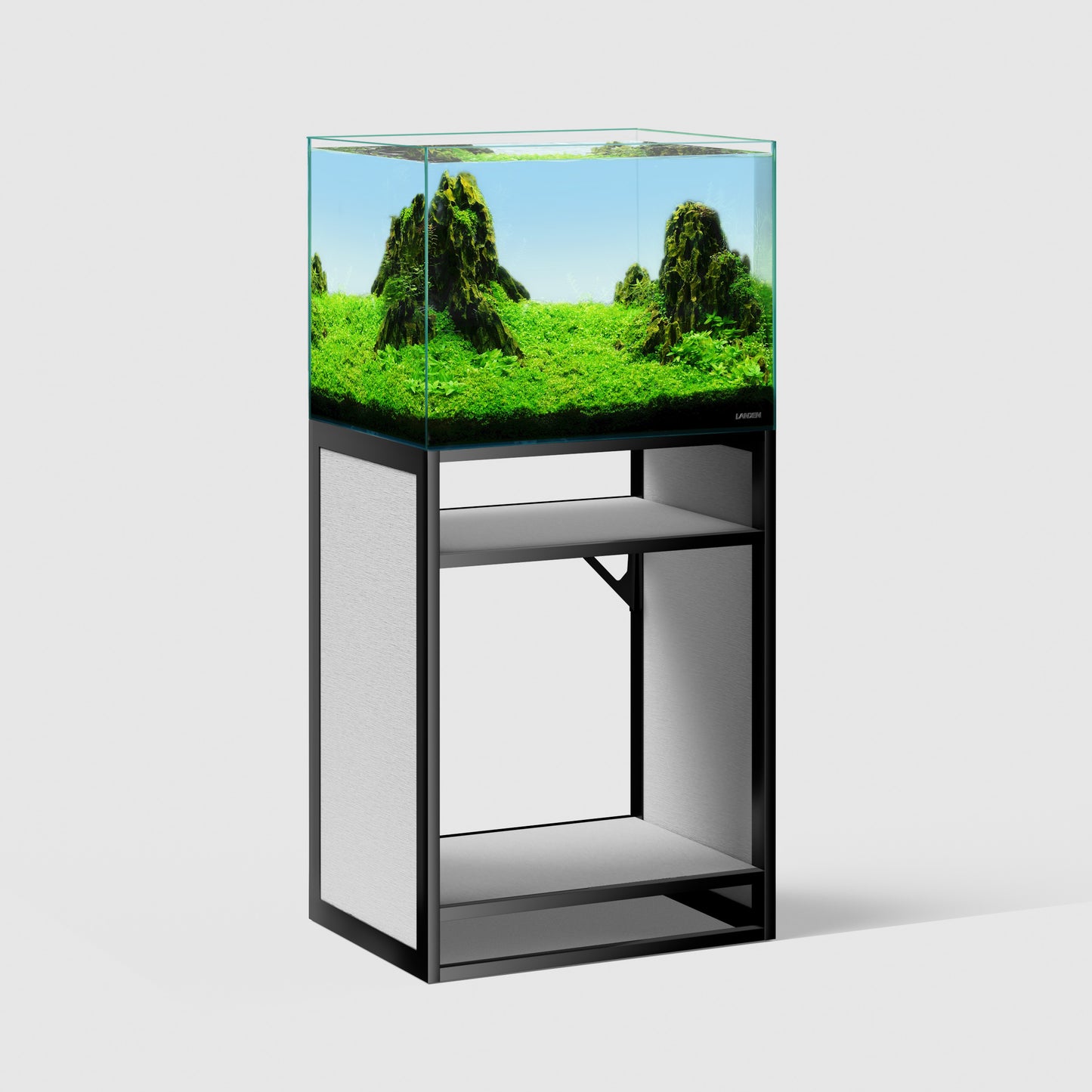 LANDEN Metal Aquarium Stand with Shelves for Fish Tanks, Gray Washed Oak Wood