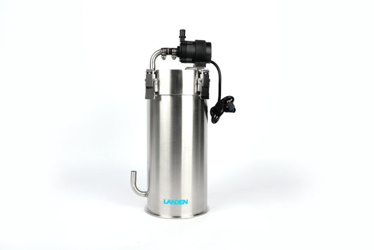 LANDEN PURA 300 Sliver External Canister Filter for Aquarium System,up to 30 Gallon, Stainless Steel Tank Canister with Water Pump and Double Tab Connector, Three-Stage Filtration Metallic Silver color