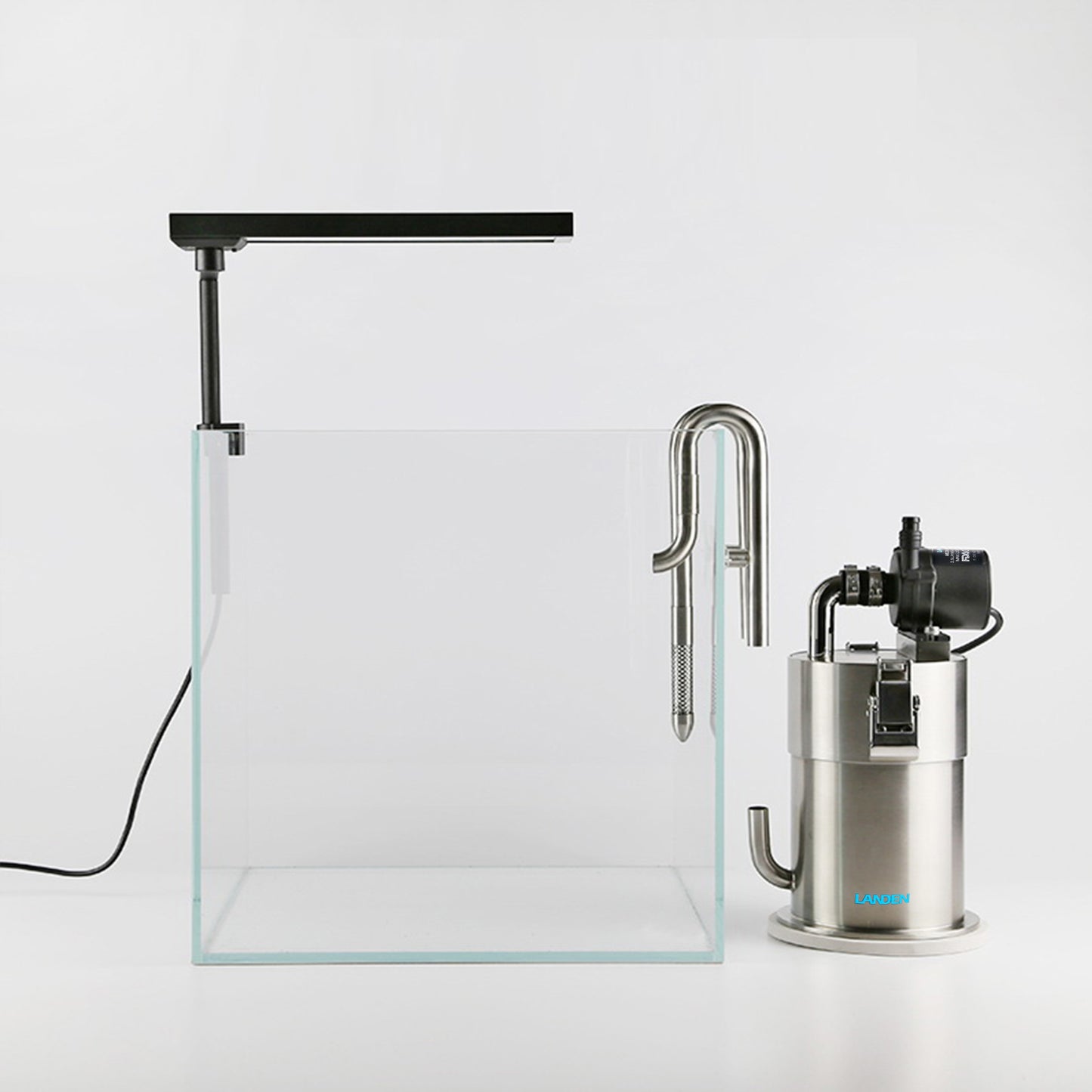 LANDEN PURA 100 Compact External Canister Filter for Aquarium System, for 10- 28 Gallons tank, Stainless Steel Tank Canister with Water Pump and Double Tab Connector,