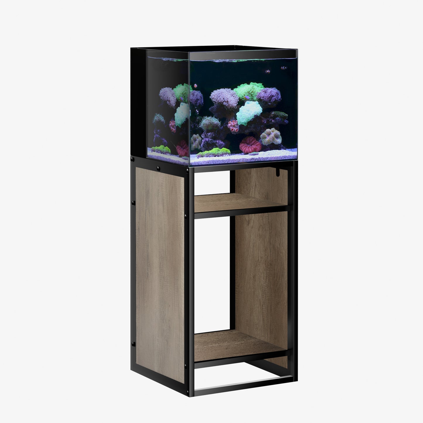 LANDEN Metal Aquarium Stand with Shelves for Fish Tanks, Gray Washed Oak Wood